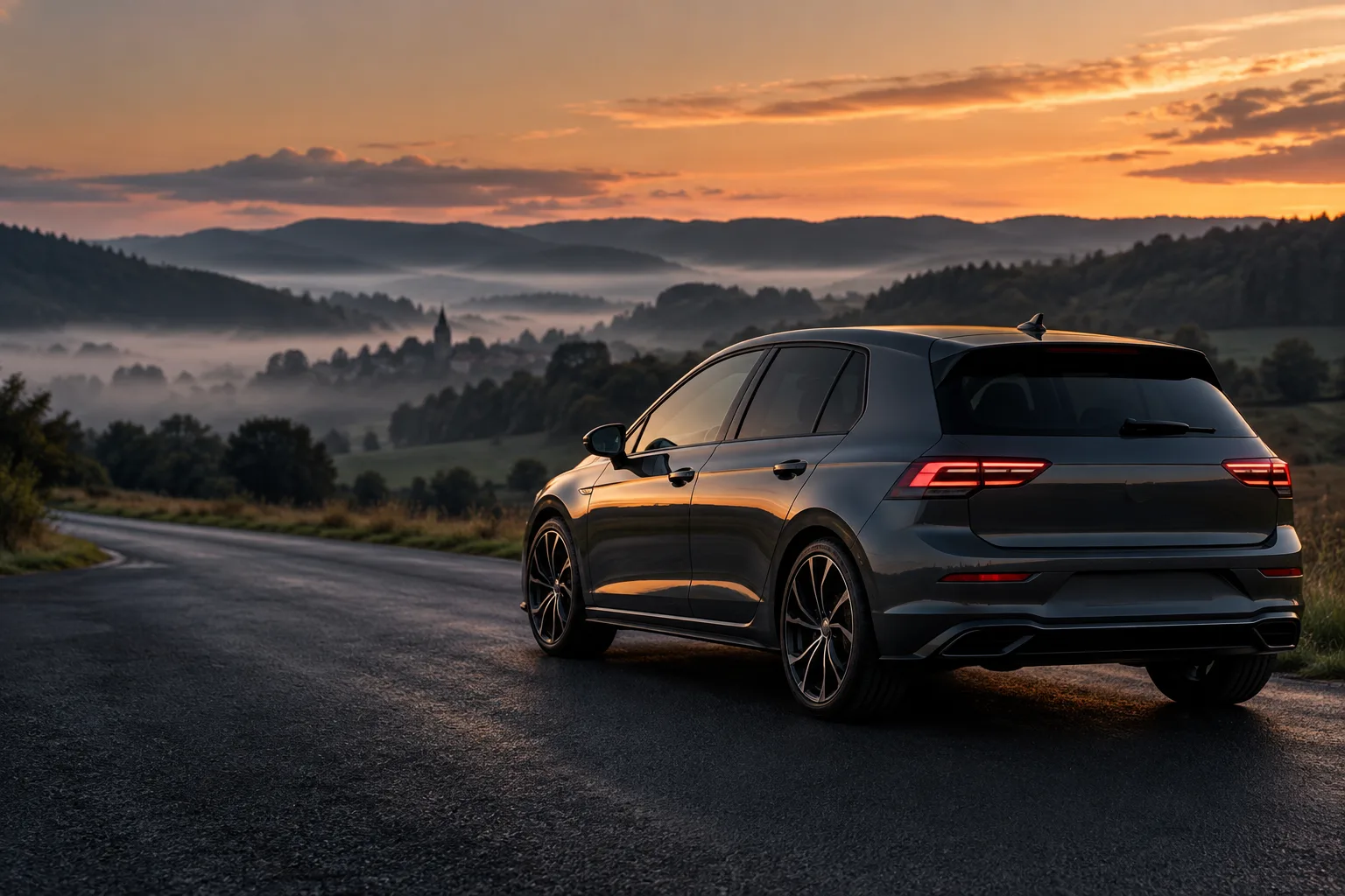 Atmosphärisches, KI-generiertes Motiv eines graphitfarbenen Autos auf einer Landstraße